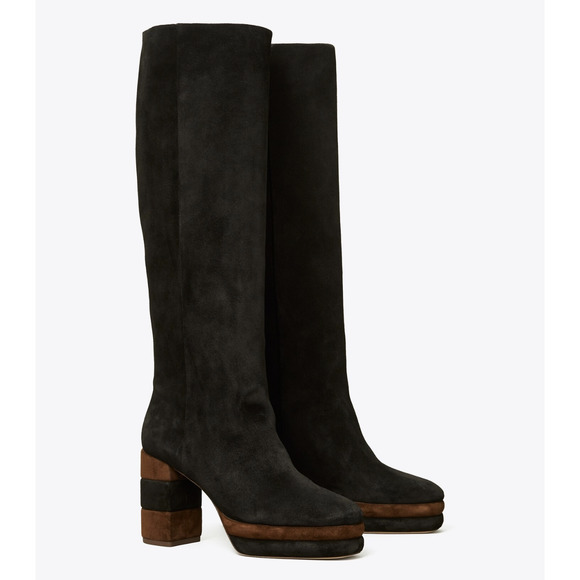 Tory Burch Shoes - NWT Tory Burch Platform Knee Boots 8.5 Suede Leather Black Brown Retro High Tall